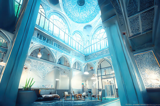beautiful hall interior of traditional arabic building with columns inspired by heroic fantasy with an epic light, painting style reworked and enhanced ai generated architecture mockup for inspiration