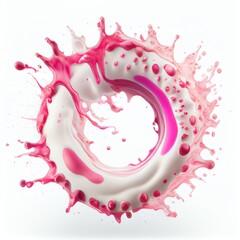 Plakat A circle frame with white and pink paint splashes on white background. Liquid paint pouring texture. Ai generated abstract illustration with a circle frame covered with colorful drops.