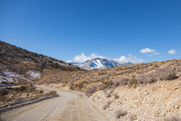 Fototapeta na wymiar Dirt road and snow covered mountains at Spring Mountain National Recreation Area, Nevada