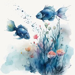blue fish with flowers watercolor style