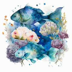 blue fish watercolor style