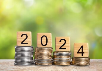 Set of wooden cube blocks with money coins