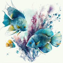 three fishes under the sea watercolor style