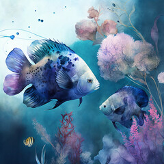 blue fishes in deep blue sea watercolor style