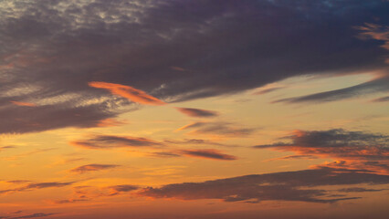 Sunset sky. Cirrocumulus and cirrostratus clouds during sunset. Beautiful dramatic sunset sky background. Selective focus included. Noisy photo.