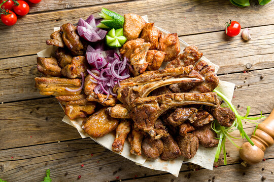 Platter Of Different Kebabs On Old Wooden Table, Chicken,lamb,beef,pork,turkey,lula Kebab Top View