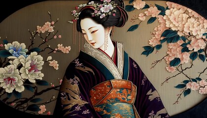 Exploring japanese aesthetics, a gorgeous painting of a woman in traditional kimono, generative ai