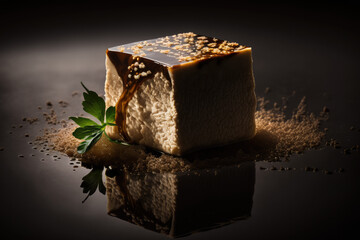 single piece of tofu with soy sauce drizzle illustration with studio lighting made by generative ai