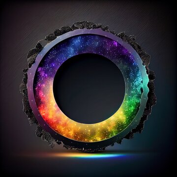 An empty colorful stonelike circle frame on solid background. Natural rock texture, northern light colors. Ai generated abstract illustration with a circle frame made of vivid stone.