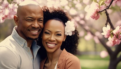 Fototapeta premium A Happy and Joyful African American Couple in Parks in Beautiful, Romantic and Cheerful Spring: A Celebration of Happiness, Nature's Beauty, and Love (generative AI