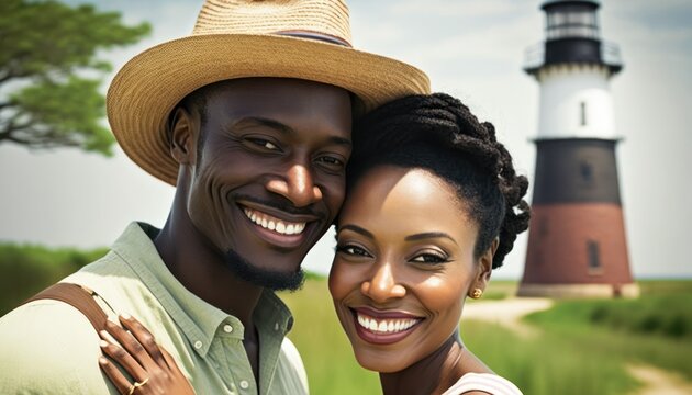A Happy and Joyful African American Couple in Lighthouses in Beautiful, Romantic and Cheerful Spring: A Celebration of Happiness, Nature's Beauty, and Love (generative AI