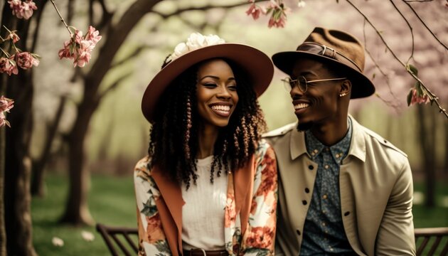 A Happy and Joyful African American Couple in Parks in Beautiful, Romantic and Cheerful Spring: A Celebration of Happiness, Nature's Beauty, and Love (generative AI