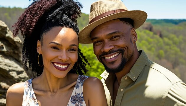 A Happy and Joyful African American Couple in Scenic Overlooks in Beautiful, Romantic and Cheerful Spring: A Celebration of Happiness, Nature's Beauty, and Love (generative AI