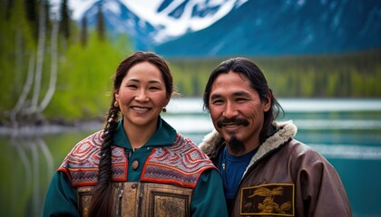 A Happy and Joyful Alaska Native Couple in Lake in Beautiful, Romantic and Cheerful Spring: A Celebration of Happiness, Nature's Beauty, and Love (generative AI