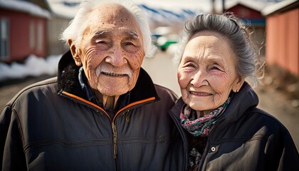 A Happy and Joyful Alaska Native Couple in Old Towns in Beautiful, Romantic and Cheerful Spring: A Celebration of Happiness, Nature's Beauty, and Love (generative AI