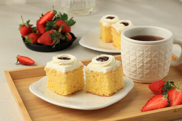 Vanilla Sponge Slice Cake with Strawberry Jam Topping
