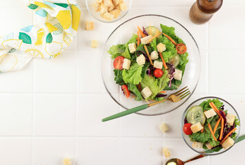 Green Vegan Salad from Green Leaves Mix and Vegetables.