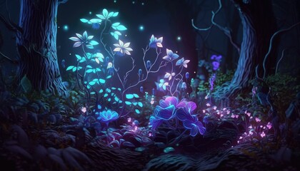 Fototapeta na wymiar Enchanted Garden: Glowing Plants and Luminous Flowers in a Fantasy Forest at Night, AI Generative