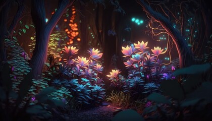 A World of Magic: Luminous Flowers and Glowing Plants in Fairytale Wood, AI Generative