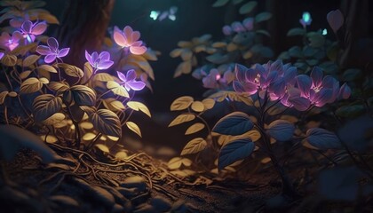 Obraz na płótnie Canvas The Luminous Garden: Flowers and Plants that Glow in the Dark, AI Generated