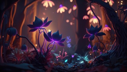 The Magic of the Night: Luminous Flowers and Glowing Plants in Fantasy Forest, AI Generated