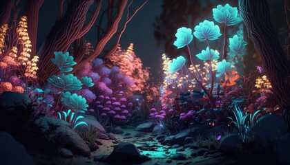 Fototapeta na wymiar The Fairytale Forest: Luminous Flowers and Plants that Illuminate the Night, AI Generative