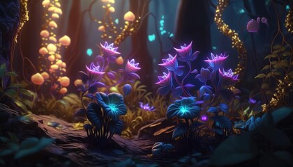 Obraz na płótnie Canvas The Enchanted Forest: Luminous Flowers and Glowing Plants that Illuminate the Night, AI Generated