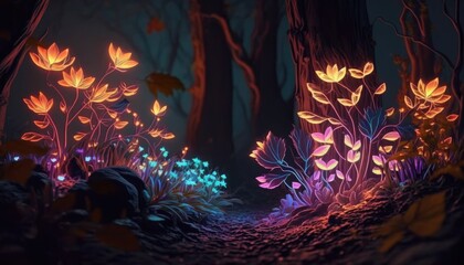 A World of Wonder: Luminous Flowers and Glowing Plants in Fantasy Forest, AI Generative