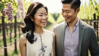 A Happy and Joyful Asian Couple in Wineries in Beautiful, Romantic and Cheerful Spring: A Celebration of Happiness, Nature's Beauty, and Love (generative AI