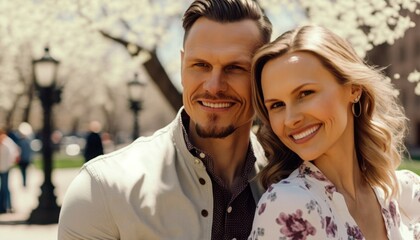 A Happy and Joyful Caucasian Couple in Public Squares and Plazas in Beautiful, Romantic and Cheerful Spring: A Celebration of Happiness, Nature's Beauty, and Love (generative AI