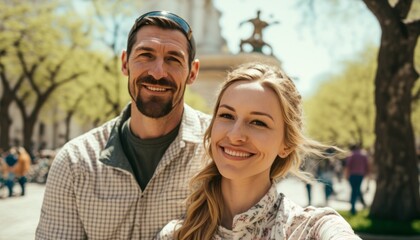 A Happy and Joyful Caucasian Couple in Public Squares and Plazas in Beautiful, Romantic and Cheerful Spring: A Celebration of Happiness, Nature's Beauty, and Love (generative AI