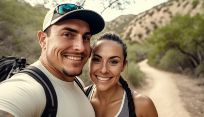 A Happy and Joyful Hispanic Couple in Hiking Trails in Beautiful, Romantic and Cheerful Spring: A Celebration of Happiness, Nature's Beauty, and Love (generative AI