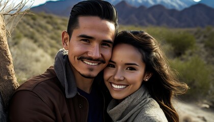 A Happy and Joyful Hispanic Couple in Mountainous Areas in Beautiful, Romantic and Cheerful Spring: A Celebration of Happiness, Nature's Beauty, and Love (generative AI