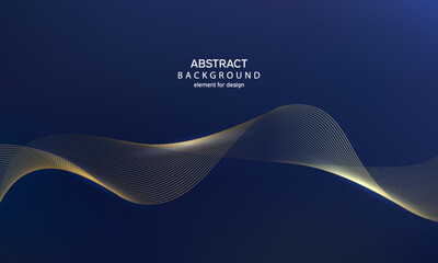 Abstract gold wave lines on blue gradient background. Element for design. Digital frequency track equalizer. Stylized line art. Colorful shiny waves. Trendy color. Curved wavy smooth stripe. Vector.