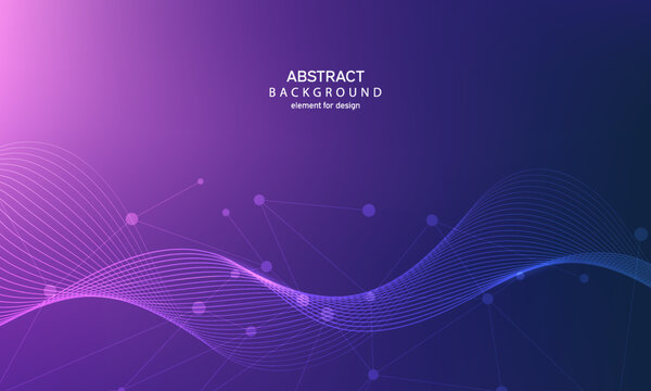 Abstract lines connection on purple gradient background. Wave element for design. Digital frequency equalizer. Stylized line art. Colorful shiny waves. Trendy color. Curved wavy smooth stripe. Vector.