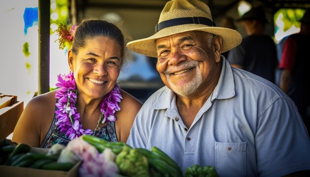 A Happy and Joyful Native Hawaiian Couple in Farmers Markets in Beautiful, Romantic and Cheerful Spring: A Celebration of Happiness, Nature's Beauty, and Love (generative AI