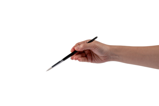 Hand using a little paintbrush isolated on a transparent background