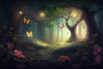 Obraz na płótnie Canvas Fairy tale forest with shining flowers, trees, butterflies creative illustration created with Generative AI
