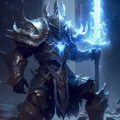 a knight wearing full armor with a magic sword of blue fire surrounded by ice and frost Generative Ai - obrazy, fototapety, plakaty
