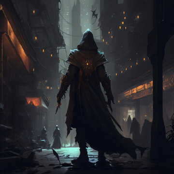 a hooded rouge fantasy character walking down the streets Generative Ai
