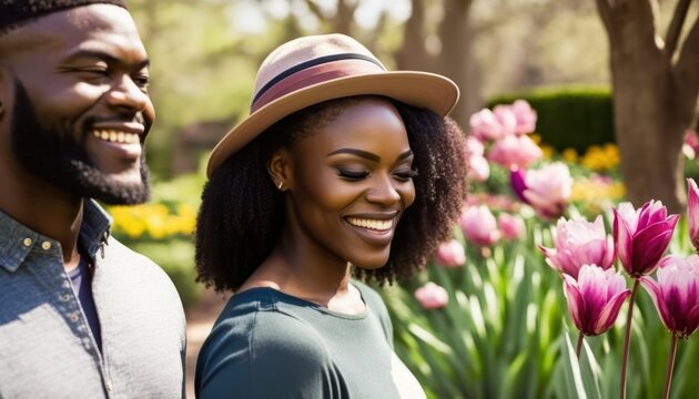 A Happy and Joyful African American Couple in Botanical Gardens in Beautiful, Romantic and Cheerful Spring: A Celebration of Happiness, Nature's Beauty, and Love (generative AI