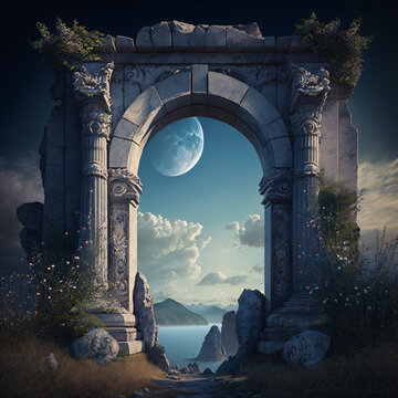 an old fantasy stone archway that shows the moon through it with ancient greek or roman style architecture Generative Ai