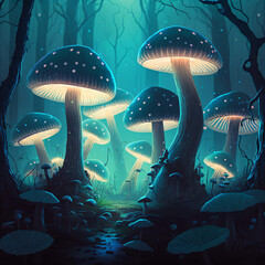 Fototapeta na wymiar giant blue and yellow neon glowing mushrooms on foggy a forest Generative Ai