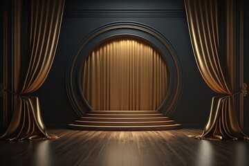 Gold curtains and wooden floor. Ai. Golden stage concept of exclusivity
