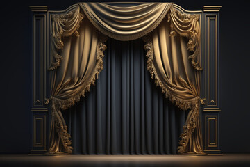 Gold curtains and wooden floor. Ai. Golden stage concept of exclusivity