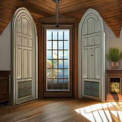 a room with a door, a window, and a ceiling fan2, Generative AI