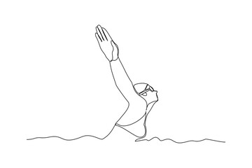 Continuous single one line drawing of professional woman swimming athlete training in the pool. Vector illustration of sport healthy lifestyle
