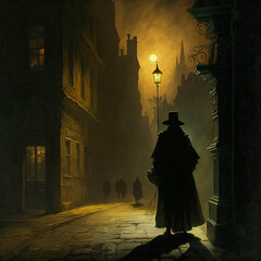 silhouette of a mysterious man wearing a  black top hat and large black trench coat walking down the streets of London in the 1800s
