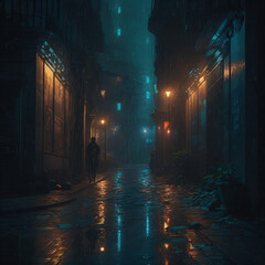 an empty street on a rainy night with blue and yellow lights all around and reflections on the wet pavement Generative Ai