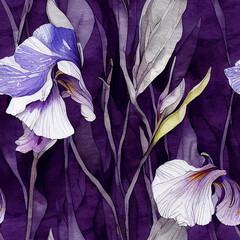 flat wallpaper, soft purple and blue irises, pale sage colored leaves, Iris, repeating seamless, watercolor, dirty stained paper background